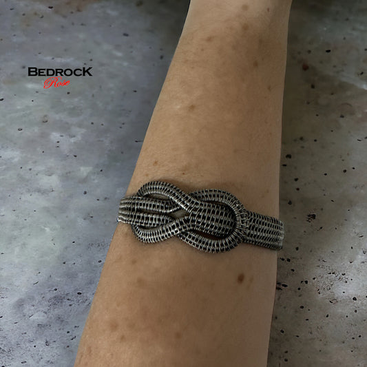 Woven sterling silver cuff with infinity symbol, Intricate silver wire jewelry bracelet