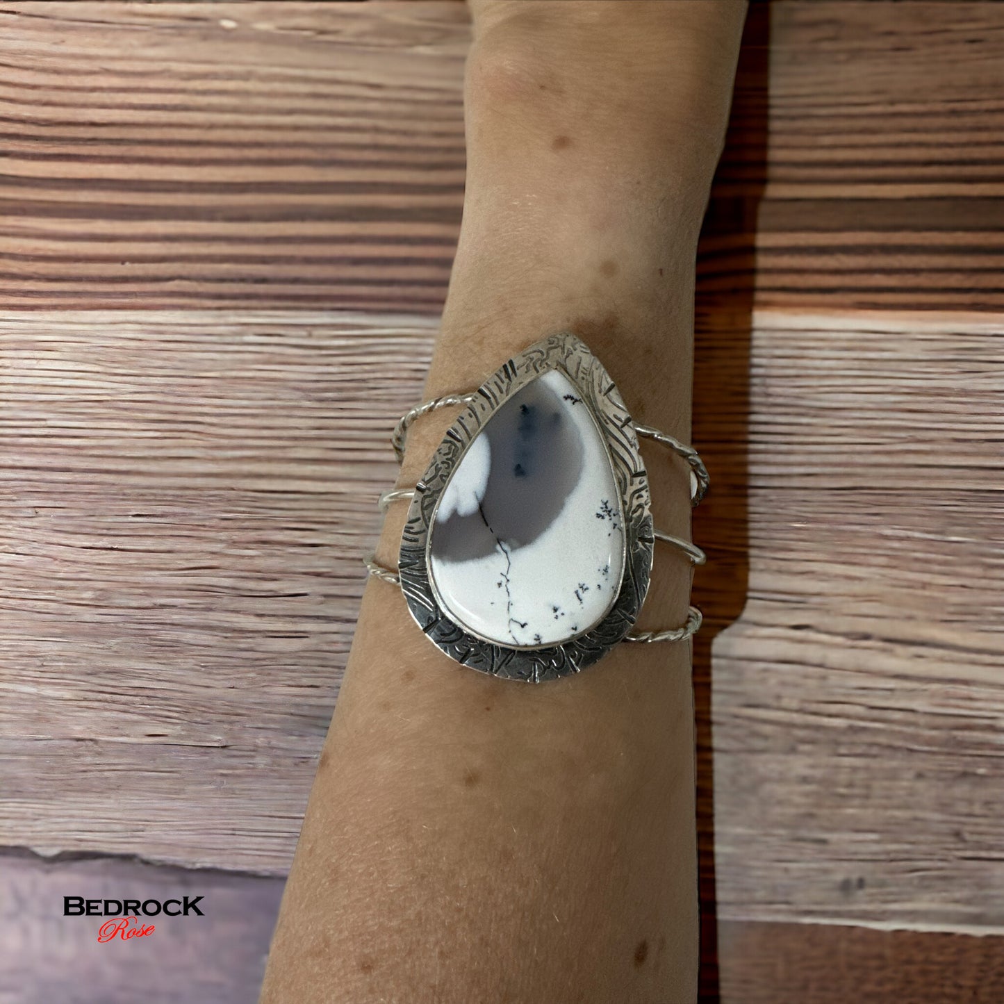 Merlinite Pear Shaped Sterling Silver Statement Cuff, Dendritic Agate, Gemstone Bracelet