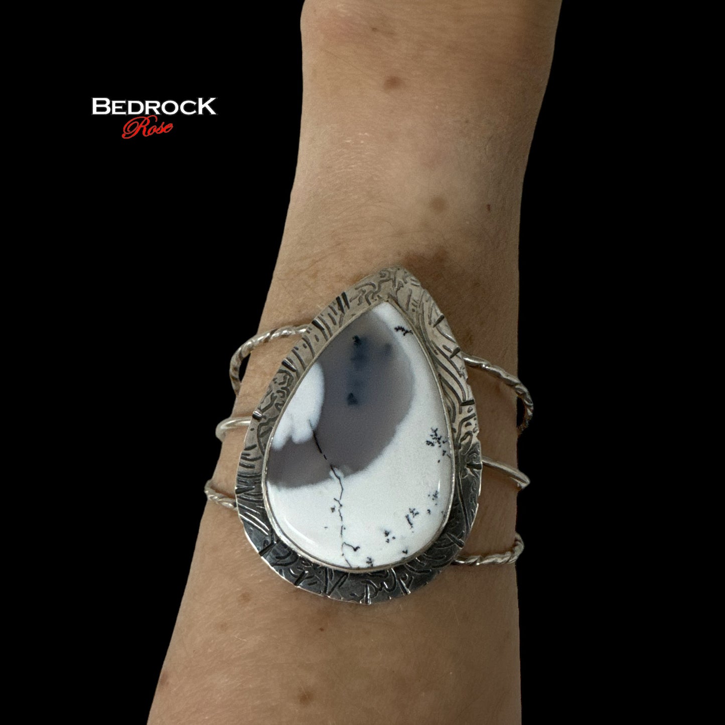 Merlinite Pear Shaped Sterling Silver Statement Cuff, Dendritic Agate, Gemstone Bracelet