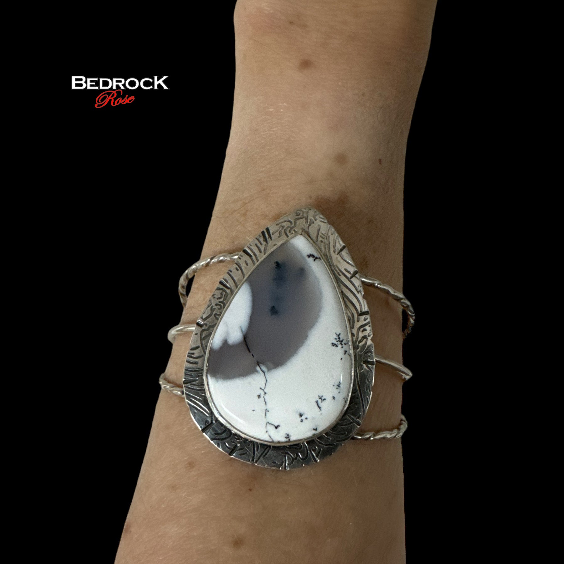 Merlinite Pear Shaped Sterling Silver Statement Cuff, Dendritic Agate, Gemstone Bracelet