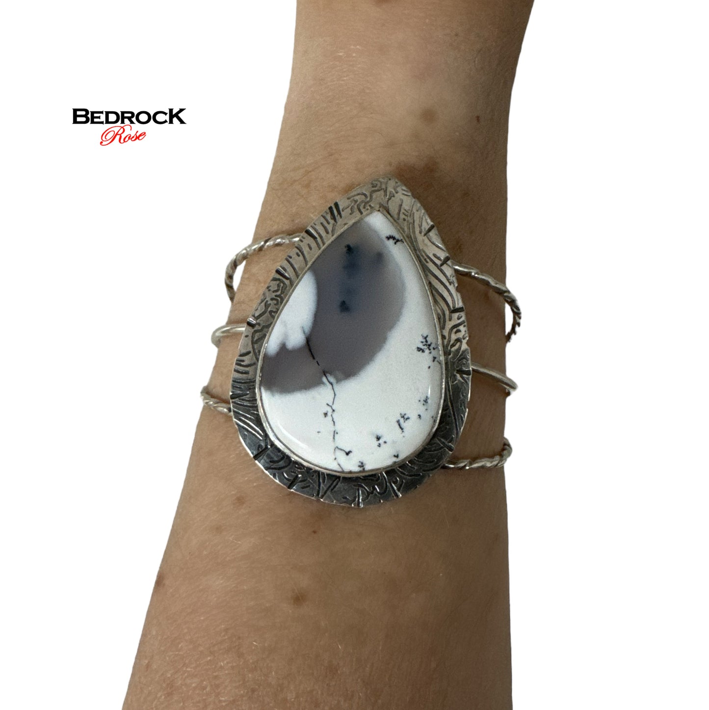 Merlinite Pear Shaped Sterling Silver Statement Cuff, Dendritic Agate, Gemstone Bracelet