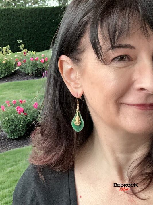 Charming Green Enameled Wine Earrings Bedrock Rose, Handmade Jewelry