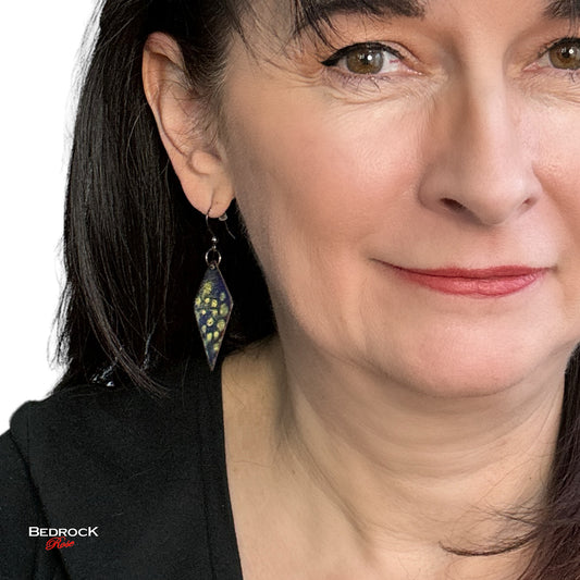 Blue and Yellow Speckled Asymmetrical Dangling Earrings, Enameled Earrings, Statement diamond-shaped earrings, Asymmetrical Jewelry, Birthday Gift