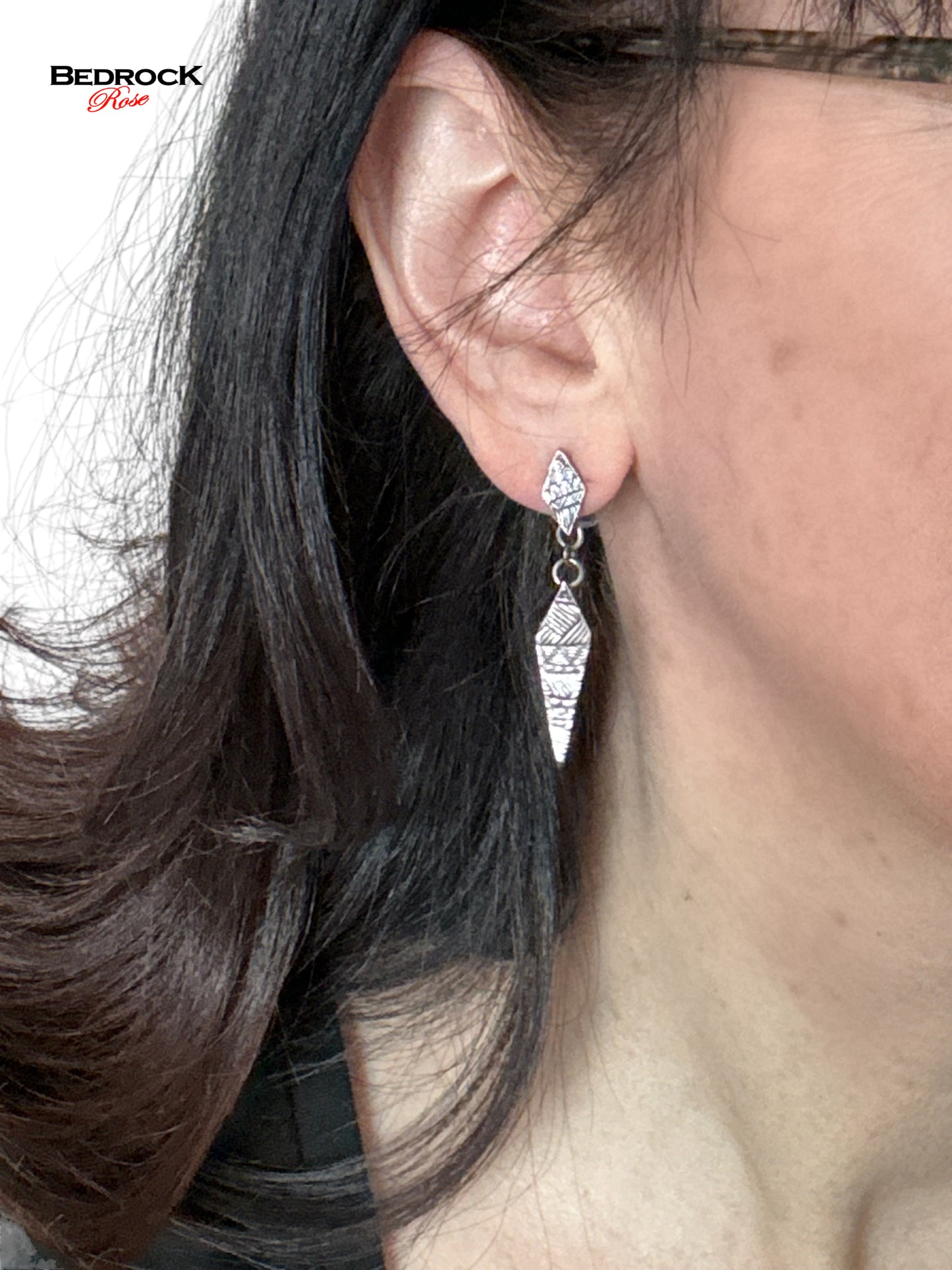 Silver Intricate Geo-Quilt Drop Earrings Bedrock Rose, Handcrafted Post Earrings