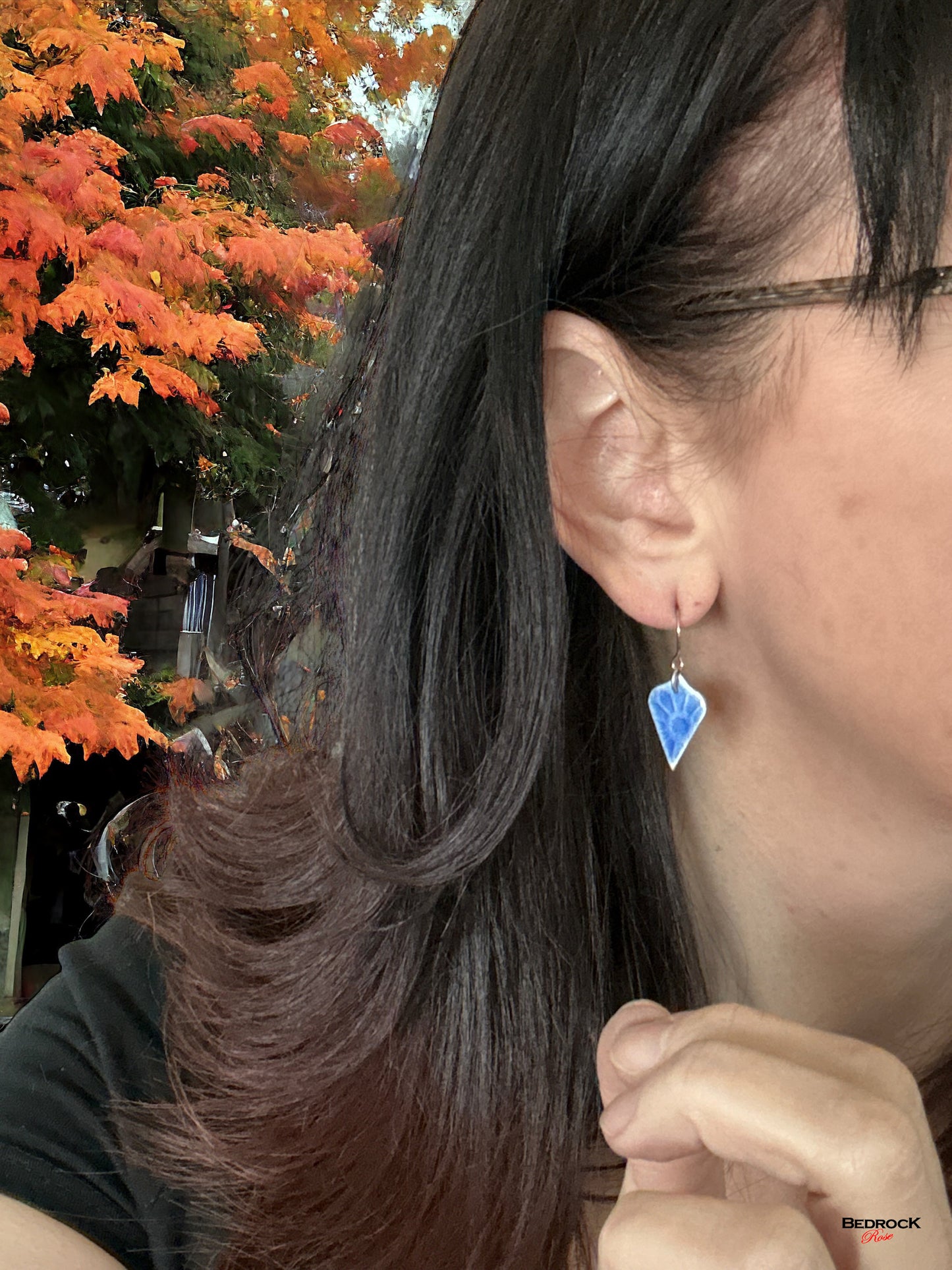 Sky Blue Floral Arabesque Earrings Bedrock Rose, Handmade jewelry, Enamel earrings