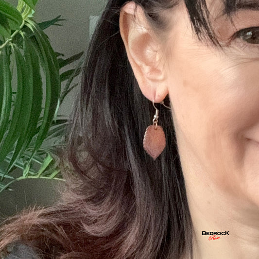 Warm Copper and Bronze Leaf Dangling Earrings Bedrock Rose, Nature-inspired jewelry, burnt umber leaf danglers
