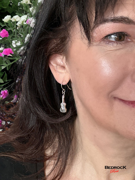 Sterling Silver Guitar Dangling Earrings, Mini Guitar Sterling Silver Guitar Dangle Earrings, Musical Earrings, Solid Sterling Silver Guitar Earrings, Gift for her, Handcrafted earrings