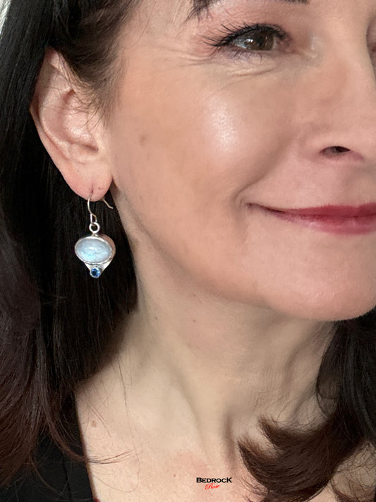 Moonstone Danglinge Earrings, Moonstone and Sapphire Gemstone Dangling Earrings, Sterling Silver Handcrafted Moonstone Earrings, Iridescent Moonstone Jewelry, Calming Stone Jewelry, Gift for Her, White Gemstone Earrings