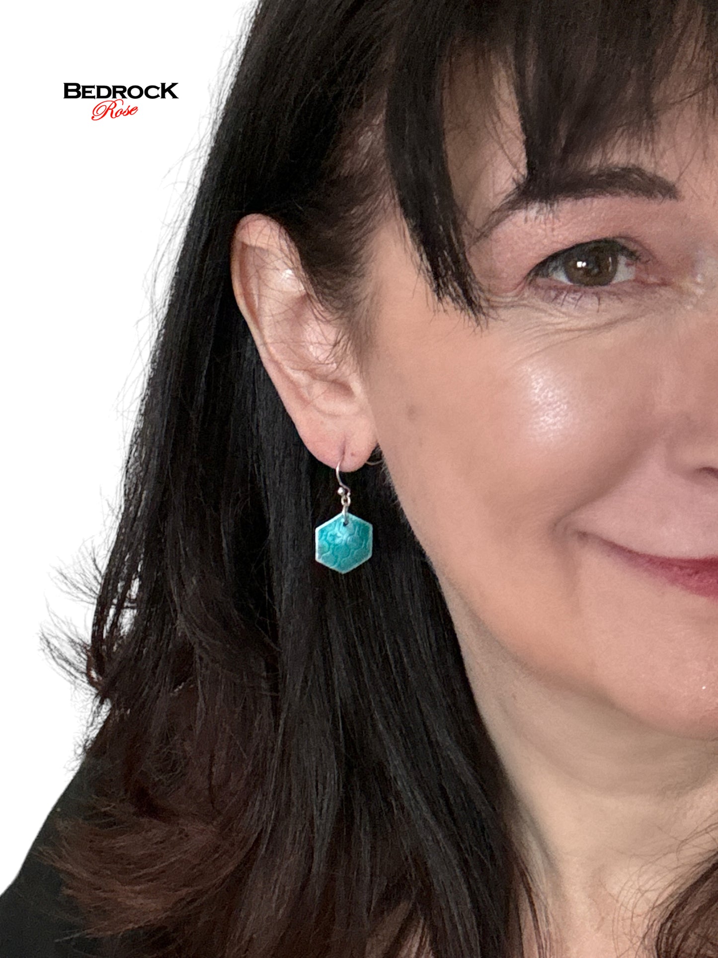 Teal green geometric earrings with honeycomb texture, fine silver enameled dangle earrings, handmade jewelry, glass earrings, gift for her, hexagon shaped earrings