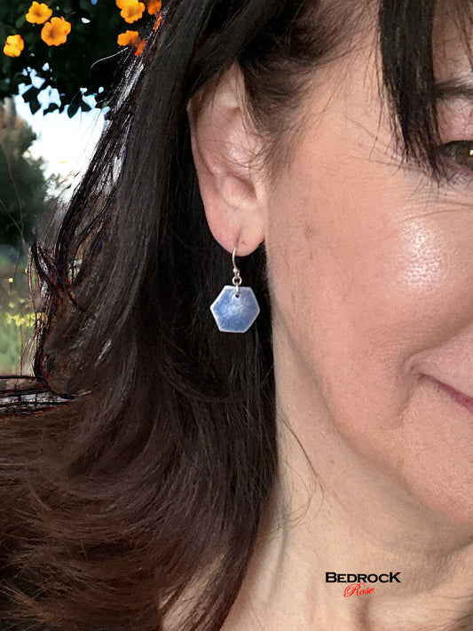Periwinkle hexagon earrings, contemporary fashion earrings, stylish accessories, captivating color accents, trendy geometric designs, modern and chic fashion, handmade jewelry