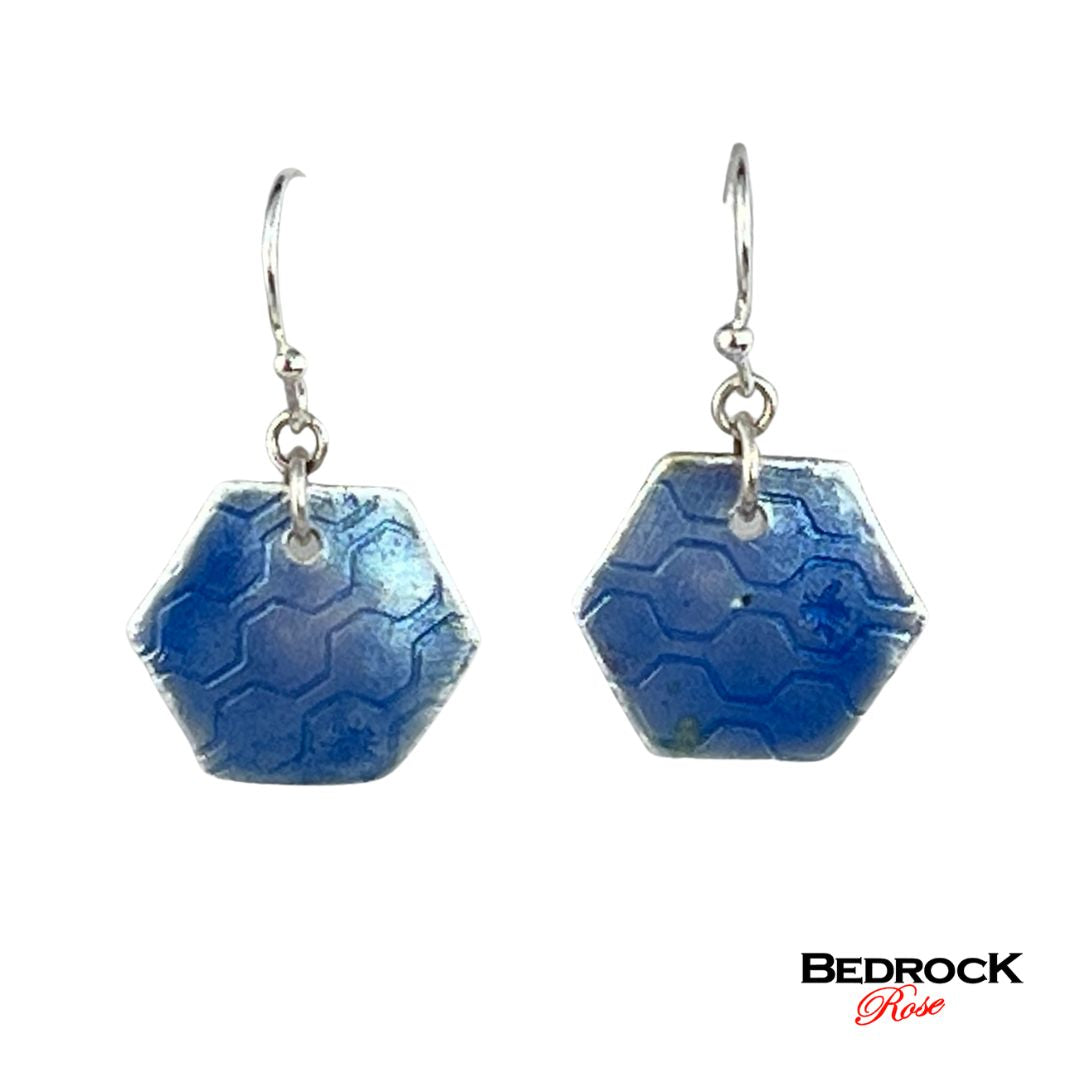 Periwinkle hexagon earrings, contemporary fashion earrings, stylish accessories, captivating color accents, trendy geometric designs, modern and chic fashion, handmade jewelry