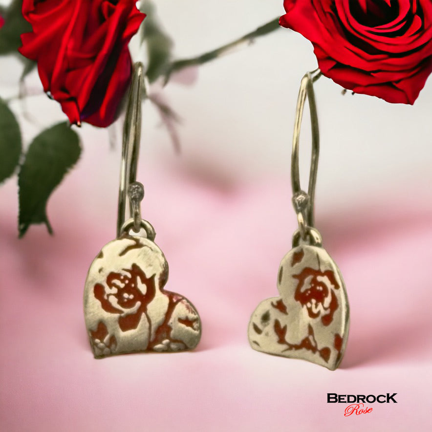 Heart Dangling Earrings, Silver Heart earrings, Red Roses on Heart Earrings, Valentine's Earrings, Gift for Her, Love Jewelry