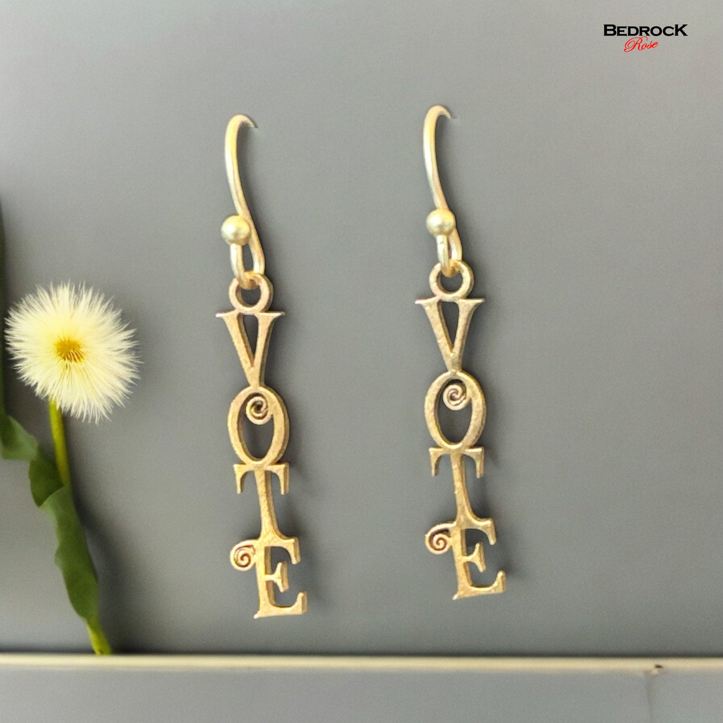 Gold Vote Dangling Earrings Laser Cut, Democracy Earrings, Scroll Font, Election Earrings