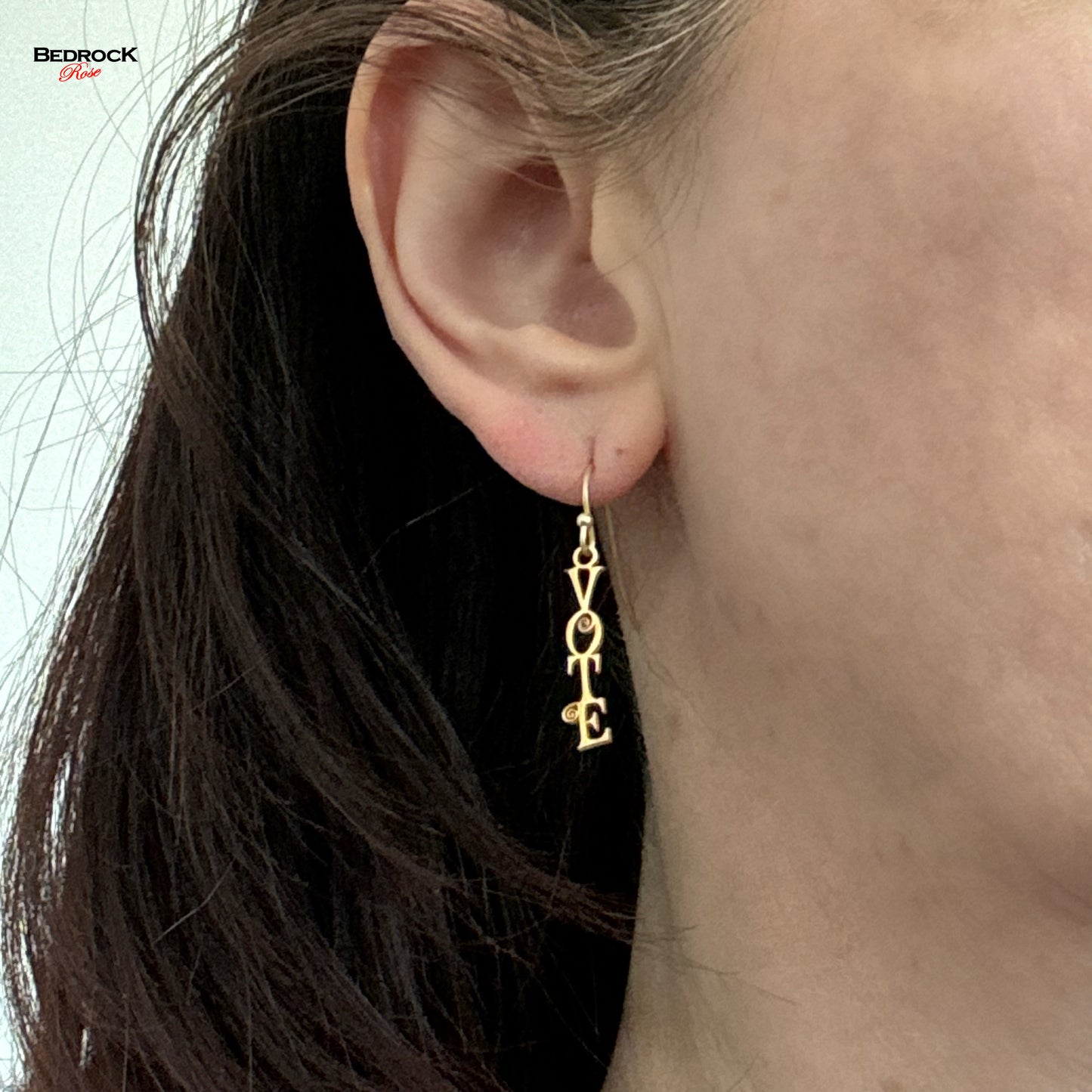Gold Vote Dangling Earrings Laser Cut, Democracy Earrings, Scroll Font, Election Earrings