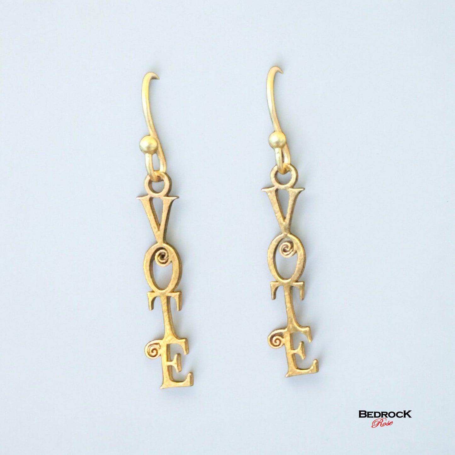Gold Vote Dangling Earrings Laser Cut, Democracy Earrings, Scroll Font, Election Earrings