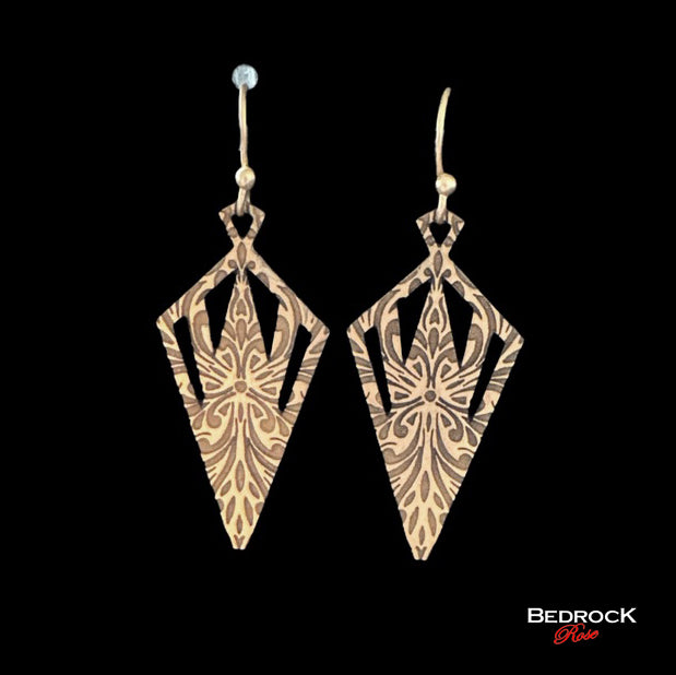 Gold Patterned Laser Cut Diamond-Shaped Dangling Earrings, Laser Cut, Gold-Plated, Elegant Gift