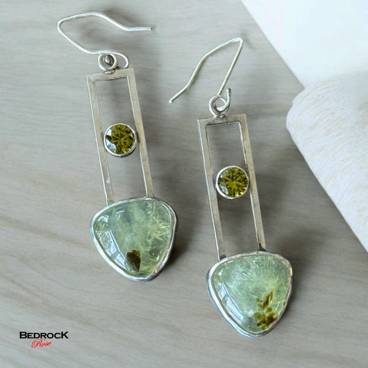 Prehnite and Peridot Gemstone Dangling Earrings, Enhanced communication prehnite gemstone, sterling silver earrings, gift for her, chic design
