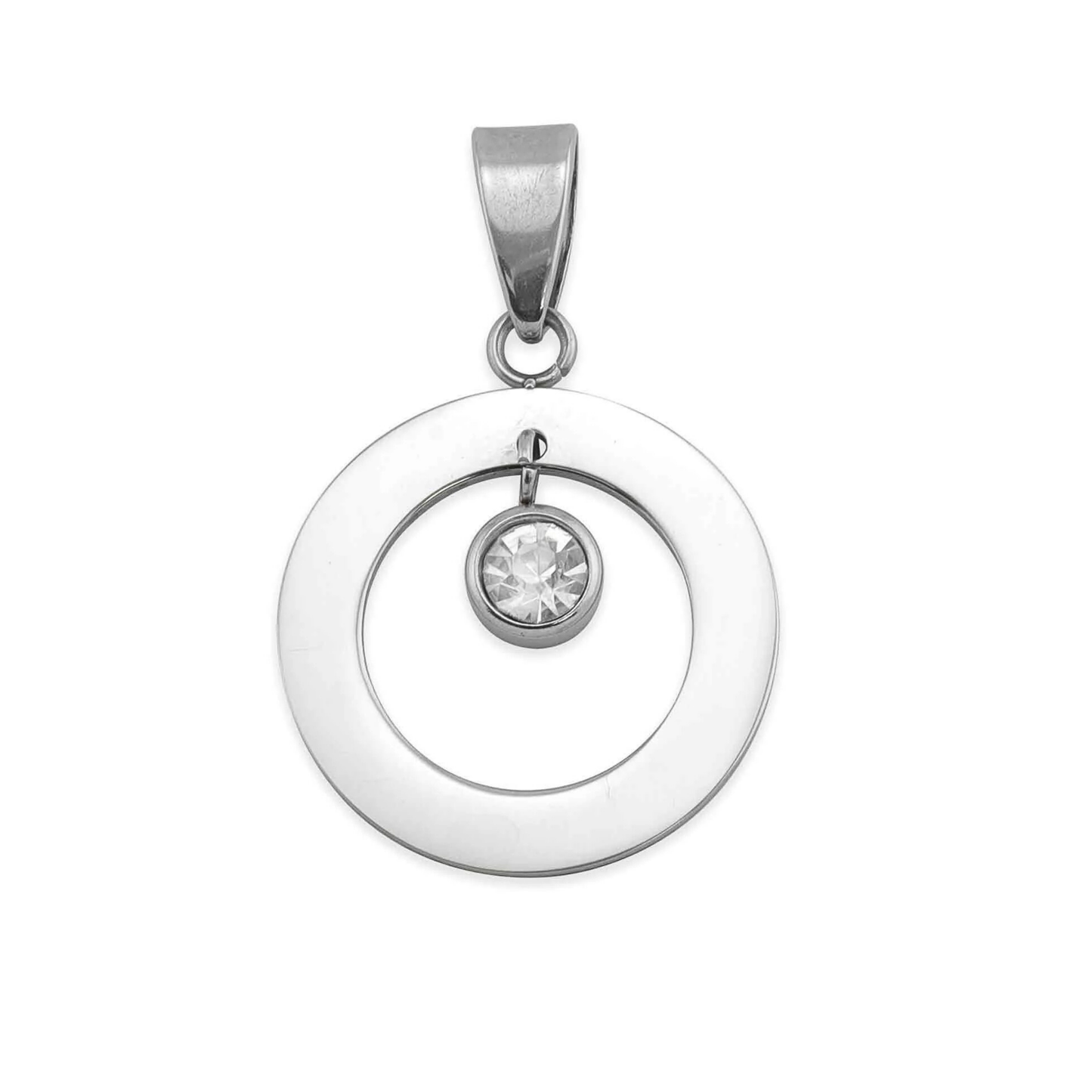 Silver round open pendant with suspended crystal, personalized, engraveable, gift for her, vacuum-plated stainless steel, hypoallergenic