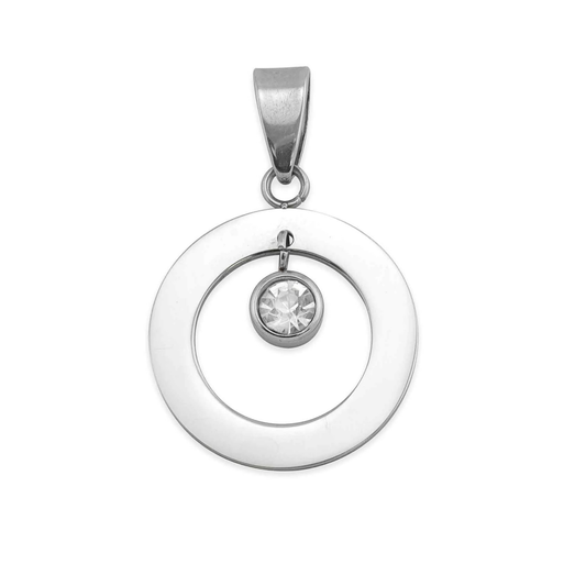 Silver round open pendant with suspended crystal, personalized, engraveable, gift for her, vacuum-plated stainless steel, hypoallergenic