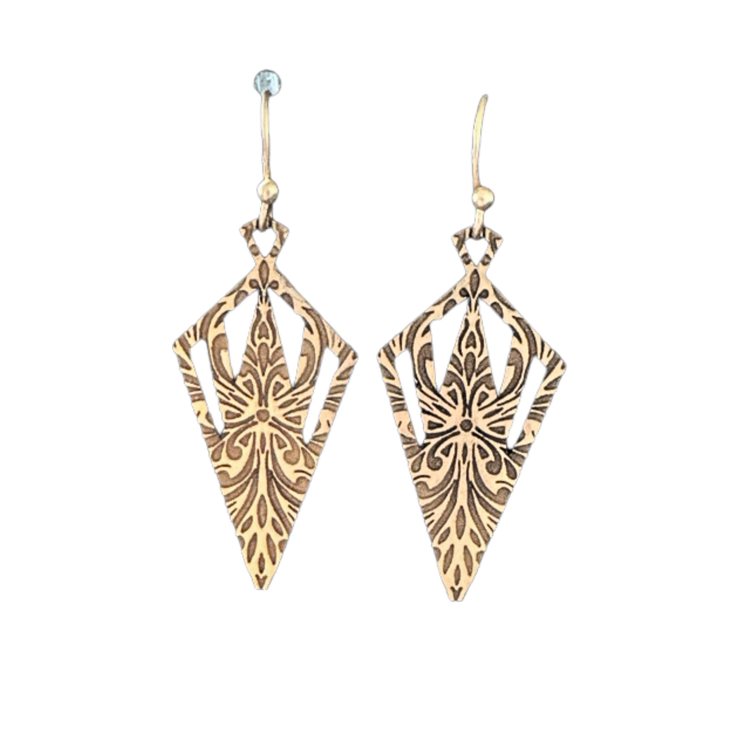 Gold Patterned Laser Cut Diamond-Shaped Dangling Earrings, Laser Cut, Gold-Plated, Elegant Gift