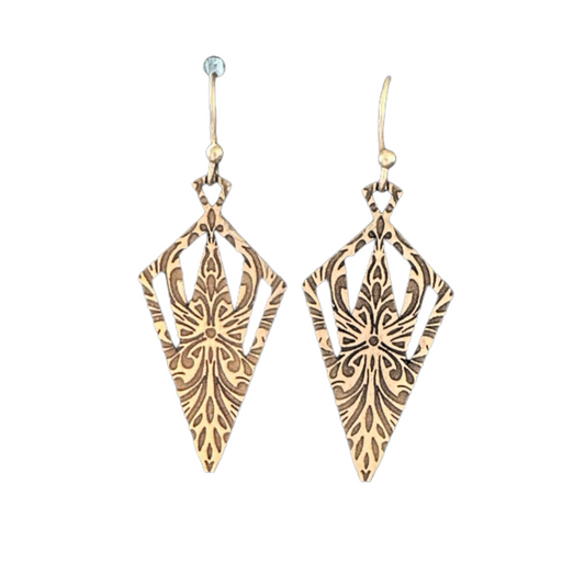 Gold Patterned Laser Cut Diamond-Shaped Dangling Earrings,  Laser Cut, Gold-Plated, Elegant Gift