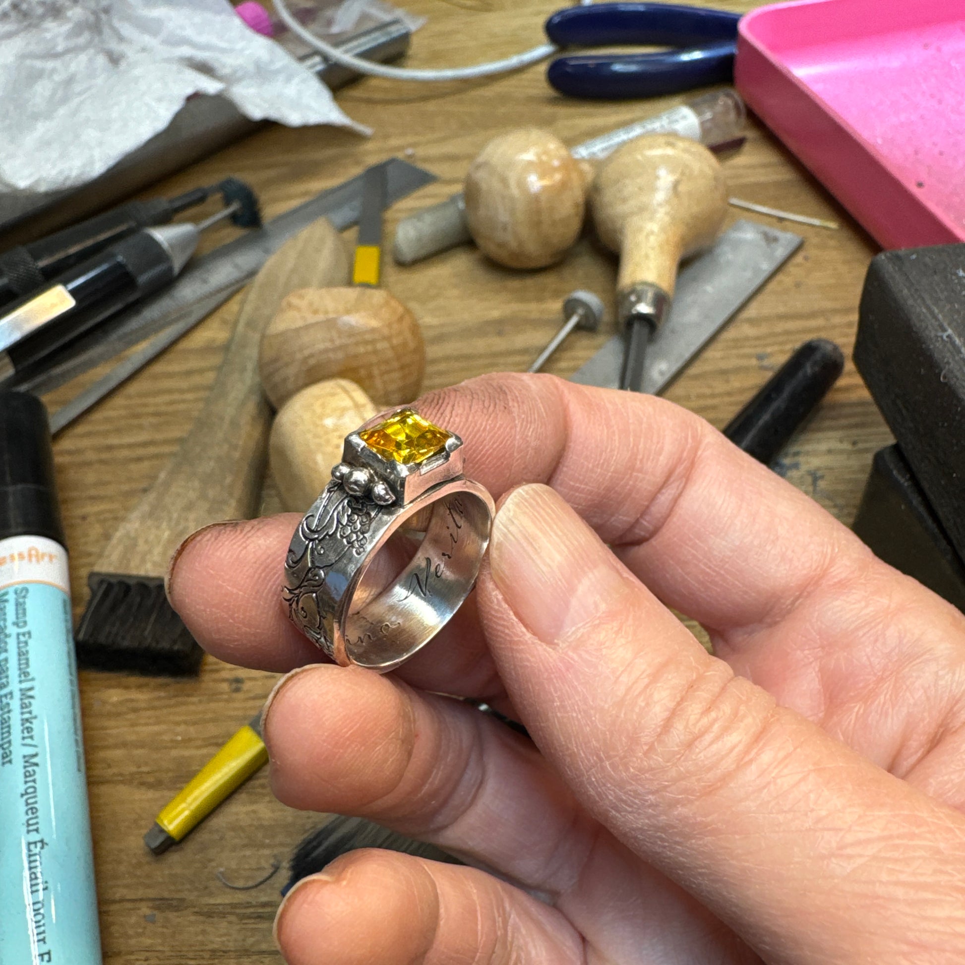 In Vino Veritas Ring, In Wine Truth, Sterling Silver statement ring, Yellow gemstone, grapevine