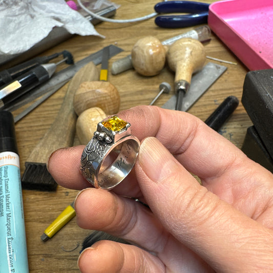 In Vino Veritas Ring, In Wine Truth, Sterling Silver statement ring, Yellow gemstone, grapevine
