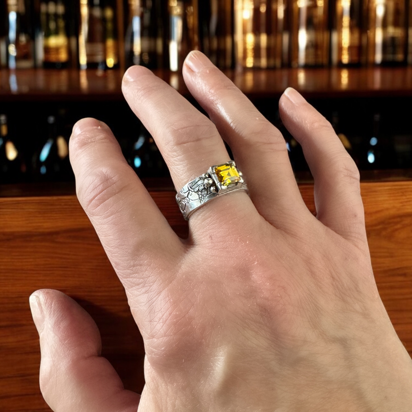 In Vino Veritas Ring, In Wine Truth, Sterling Silver statement ring, Yellow gemstone, grapevine