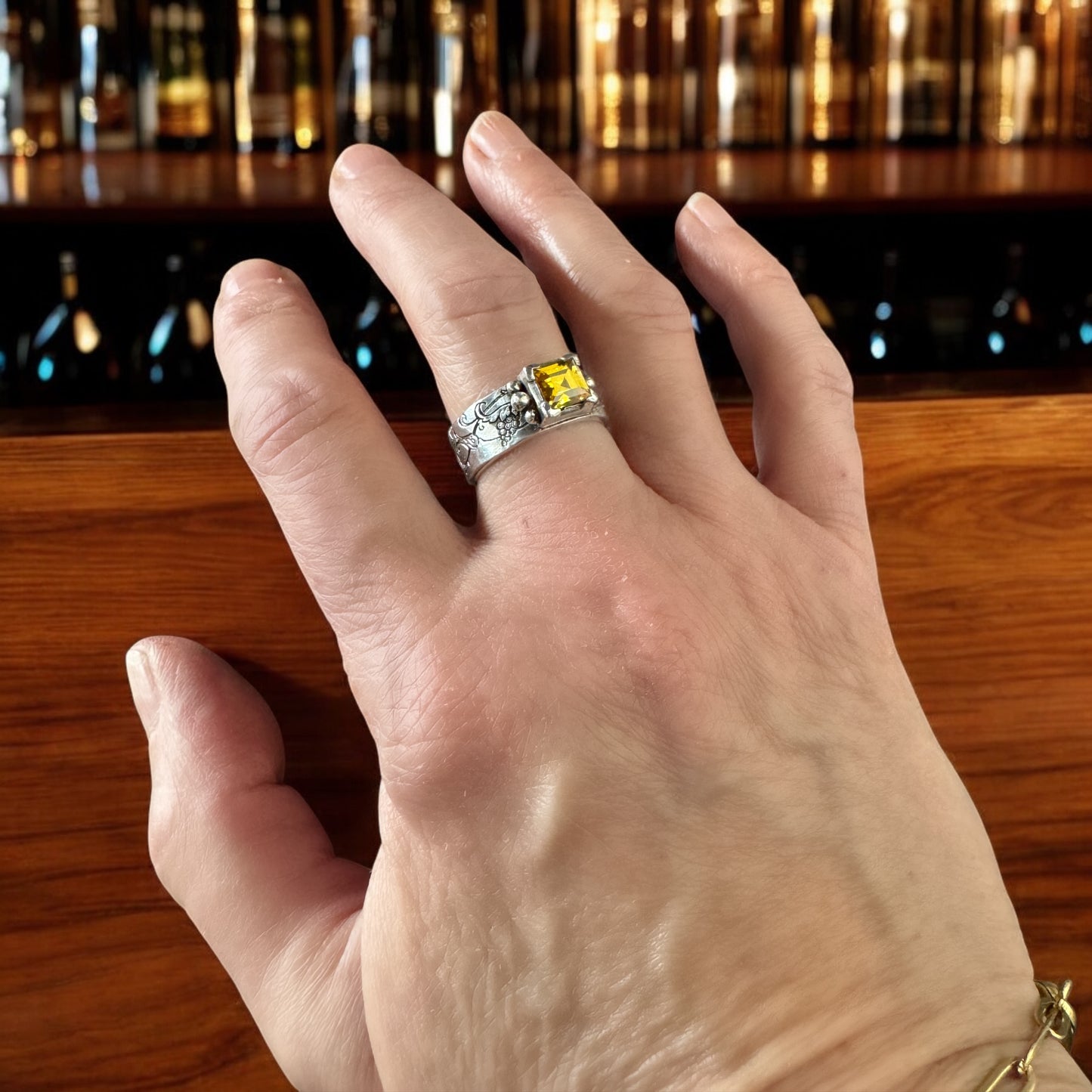 In Vino Veritas Ring, In Wine Truth, Sterling Silver statement ring, Yellow gemstone, grapevine
