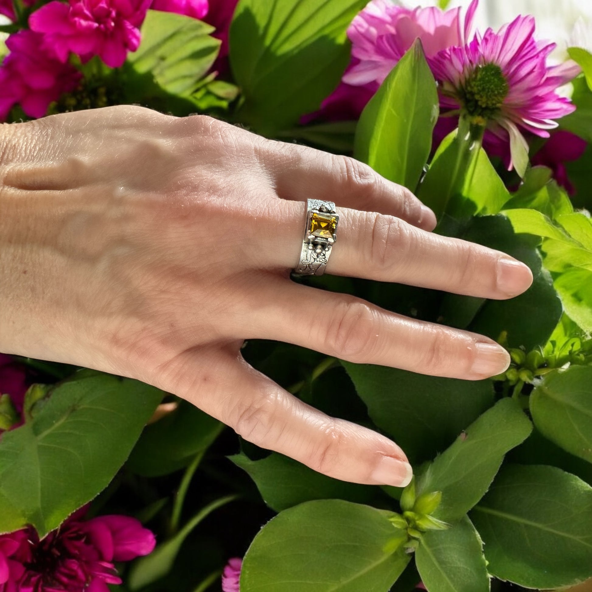 In Vino Veritas Ring, In Wine Truth, Sterling Silver statement ring, Yellow gemstone, grapevine