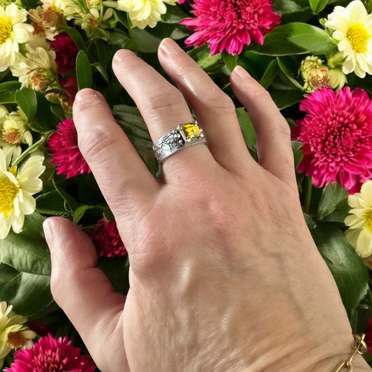 In Vino Veritas Ring, In Wine Truth, Sterling Silver statement ring, Yellow gemstone, grapevine