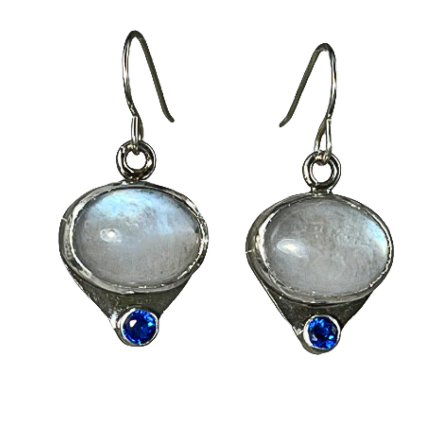 Moonstone Danglinge Earrings, Moonstone and Sapphire Gemstone Dangling Earrings, Sterling Silver Handcrafted Moonstone Earrings, Iridescent Moonstone Jewelry, Calming Stone Jewelry, Gift for Her, White Gemstone Earrings