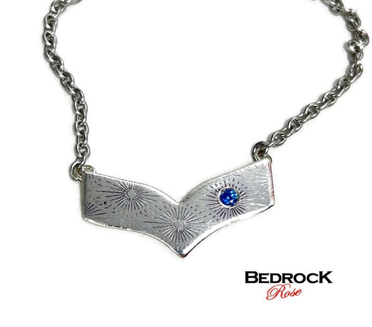 Silver chevron necklace, silver chevron pendant, geometric jewelry, Blue gemstone