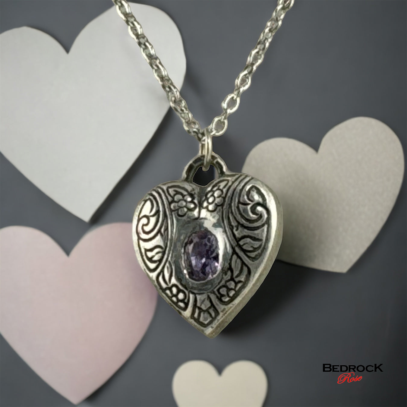 Silver Heart Pendant, Locket-style heart pendant, Silver heart Amethyst Necklace, Valentines Gift, Gift for Her, Heirloom quality heart pendant