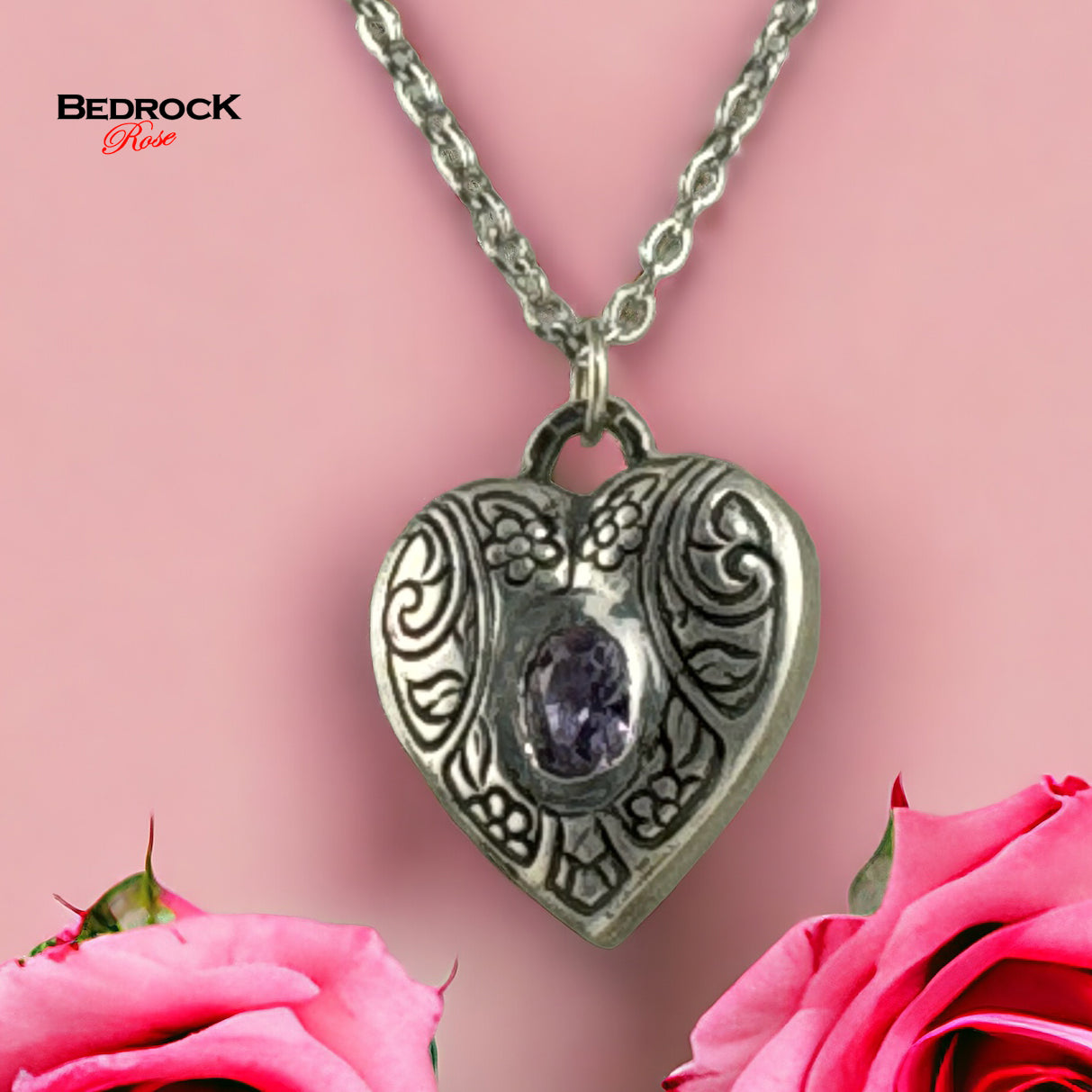 Silver Heart Pendant, Locket-style heart pendant, Silver heart Amethyst Necklace, Valentines Gift, Gift for Her, Heirloom quality heart pendant