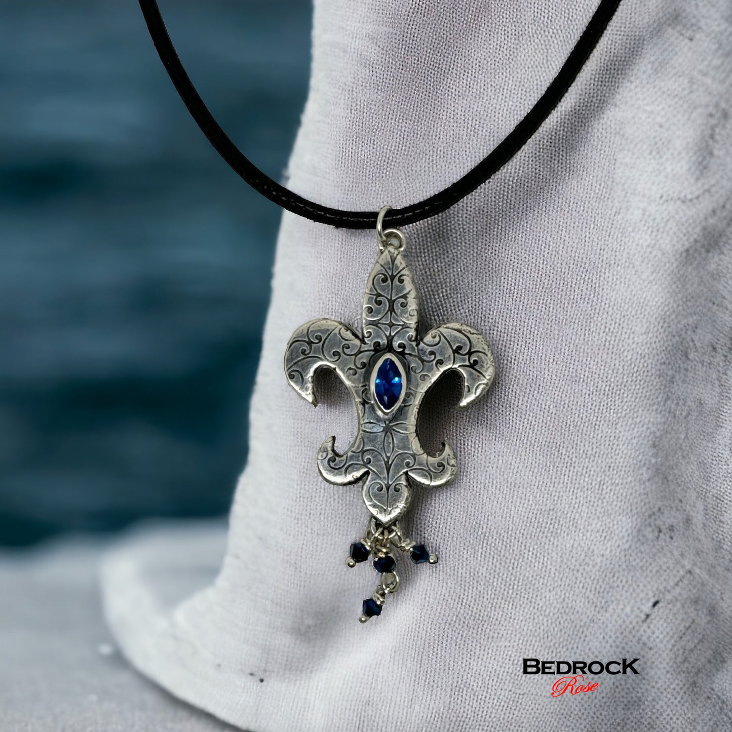 Sterling Silver Fleur-De-Lis Pendant with Marquis Blue Gemstone, Silver Mardi Gras Necklace, New Orleans Mardi Gras jewelry, Handcrafted Fleur-De-Lis Pendant