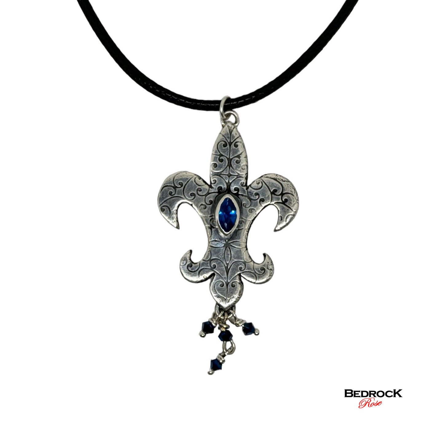 Sterling Silver Fleur-De-Lis Pendant with Marquis Blue Gemstone, Silver Mardi Gras Necklace, New Orleans Mardi Gras jewelry, Handcrafted Fleur-De-Lis Pendant