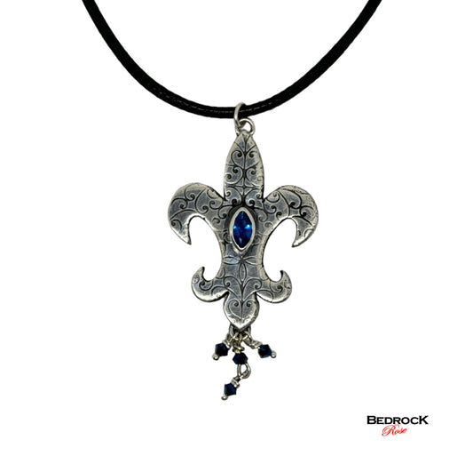 Sterling Silver Fleur-De-Lis Pendant with Marquis Blue Gemstone, Silver Mardi Gras Necklace, New Orleans Mardi Gras jewelry, Handcrafted Fleur-De-Lis Pendant