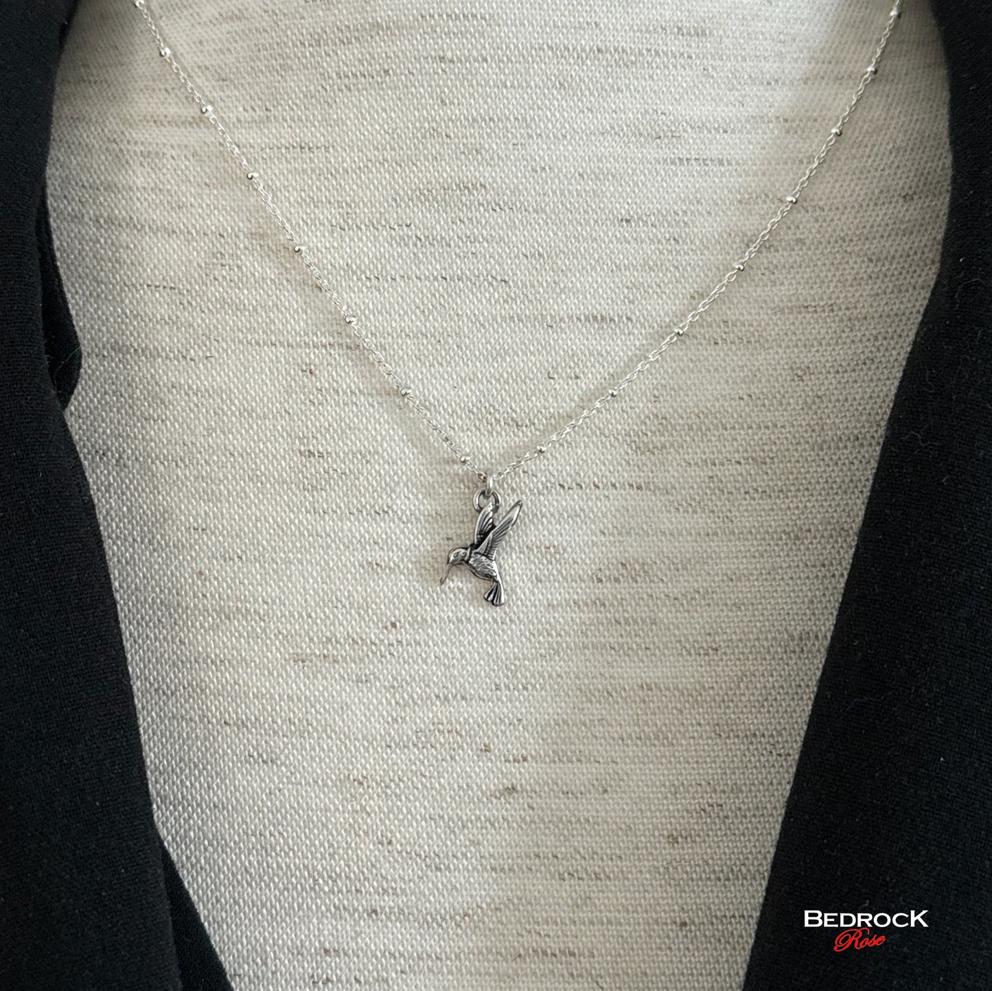Tiny Fine silver hummingbird necklace on sterling silver satellite chain, nature-inspired jewelry, layering necklace, gift for her