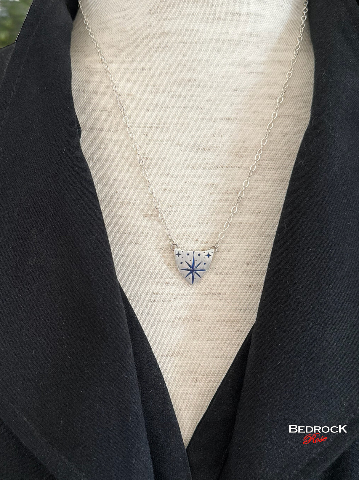 Sterling Silver Shield-Shaped Star Medallion, Blue Stars, Strikingly Elegant, Silver Medallion Necklace, North Star Jewelry
