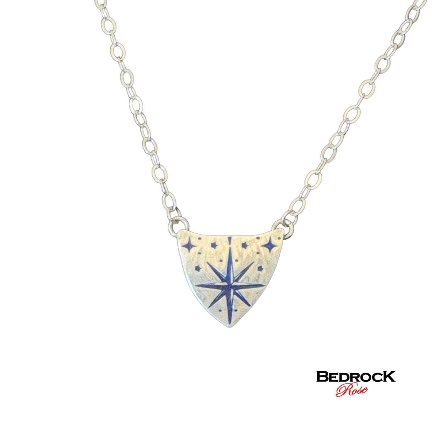 Sterling Silver Shield-Shaped Star Medallion, Blue Stars, Strikingly Elegant, Silver Medallion Necklace, North Star Jewelry