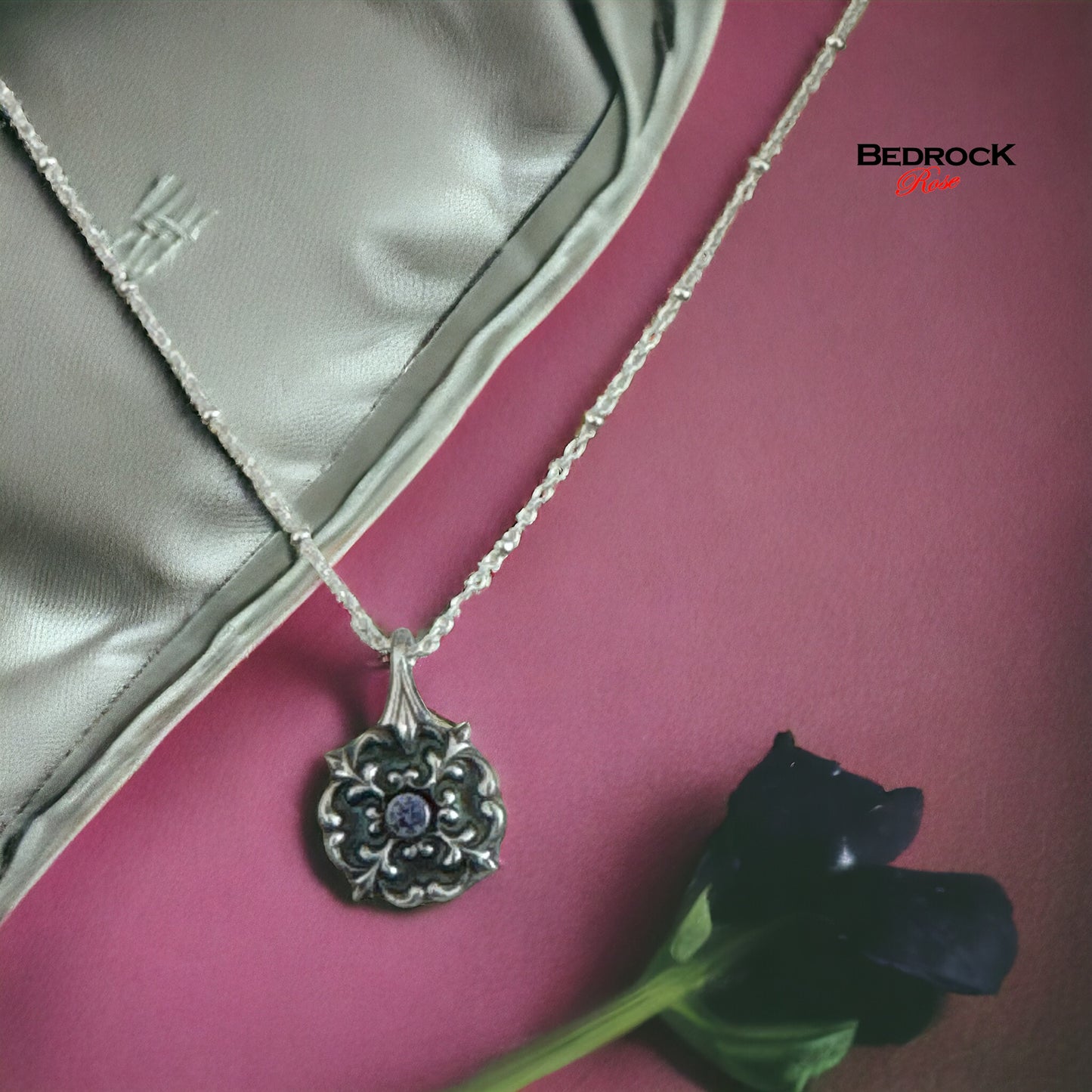 Petite elegant silver flourish pendant with tanzanite gemstone, sterling satellite chain, art nouveau jewelry, gift for her, romantic style necklace