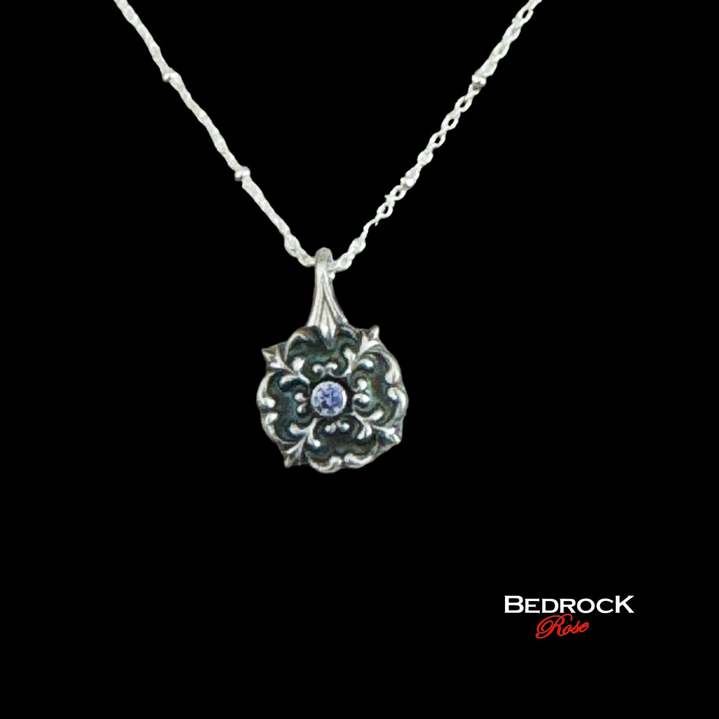 Petite elegant silver flourish pendant with tanzanite gemstone, sterling satellite chain, art nouveau jewelry, gift for her, romantic style necklace