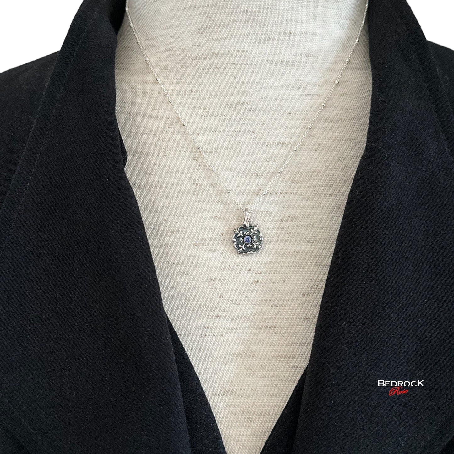 Petite elegant silver flourish pendant with tanzanite gemstone, sterling satellite chain, art nouveau jewelry, gift for her, romantic style necklace