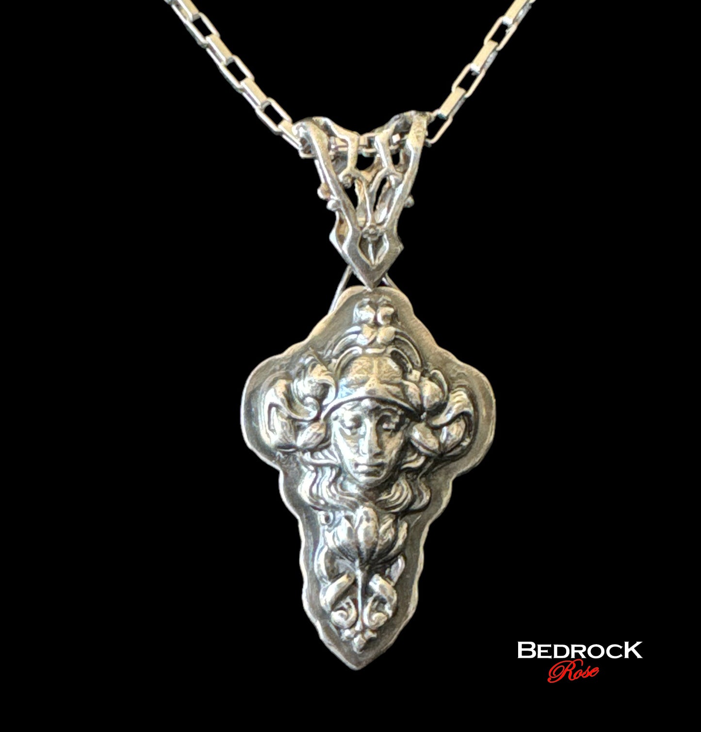 Sterling Silver Art Nouveau Lady Pendant, Hand-pierced bail, Heirloom quality Jewelry, Statement Necklace, Vintage Design, Die-Struck Jewelry, Potter Die
