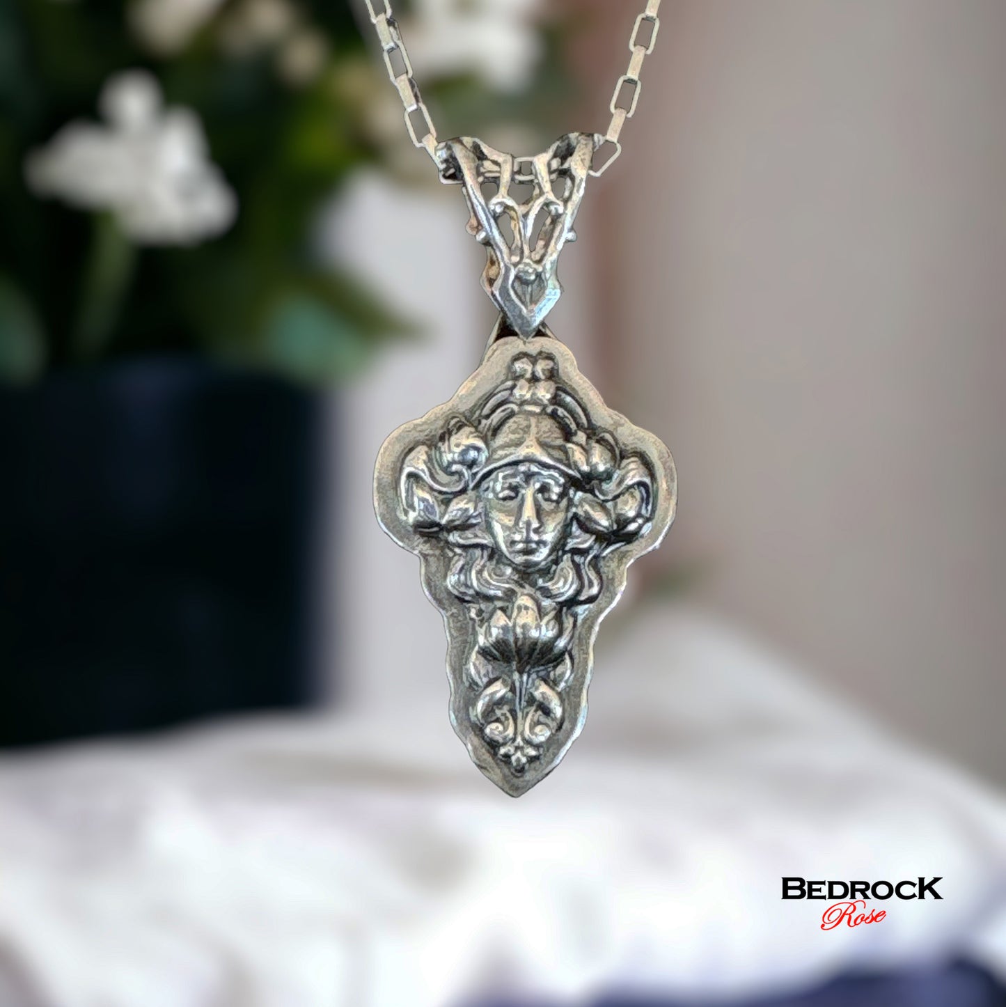 Sterling Silver Art Nouveau Lady Pendant, Hand-pierced bail, Heirloom quality Jewelry, Statement Necklace, Vintage Design, Die-Struck Jewelry, Potter Die