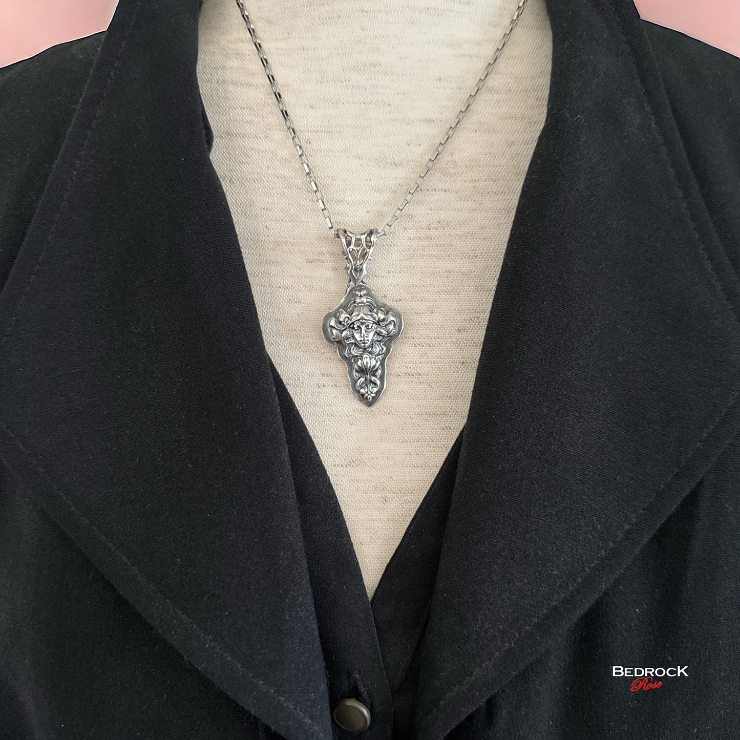 Sterling Silver Art Nouveau Lady Pendant, Hand-pierced bail, Heirloom quality Jewelry, Statement Necklace, Vintage Design, Die-Struck Jewelry, Potter Die