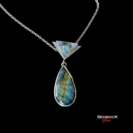 Labradorite Teardrop Pendant set in sterling silver with aquamarine gemstone prong set on double triangle, trendy gemstone necklace, flashy labradorite, intuition enhancing stone, gift for rock lover, handmade birthday present