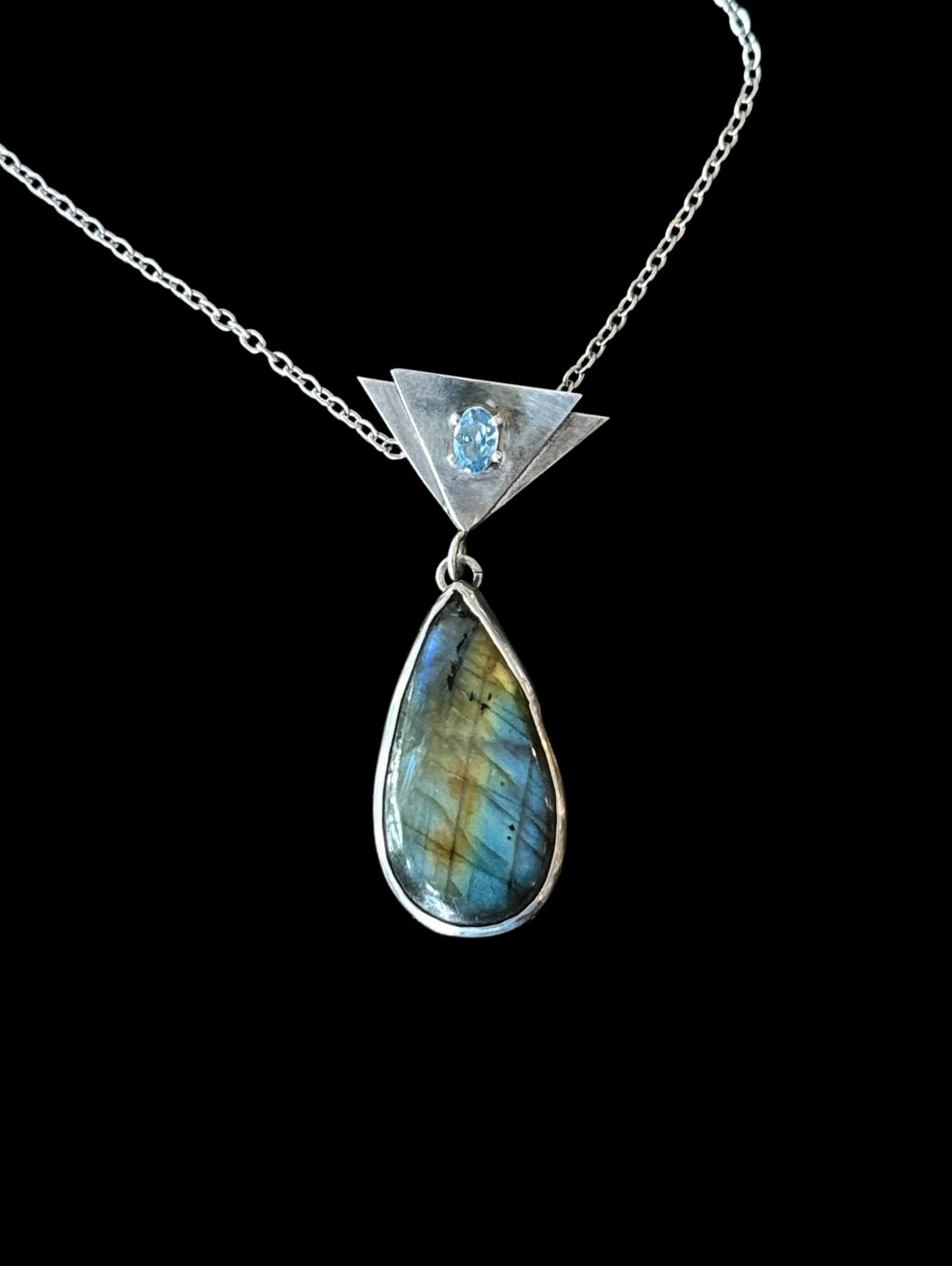 Labradorite Teardrop Pendant set in sterling silver with aquamarine gemstone prong set on double triangle, trendy gemstone necklace, flashy labradorite, intuition enhancing stone, gift for rock lover, handmade birthday present