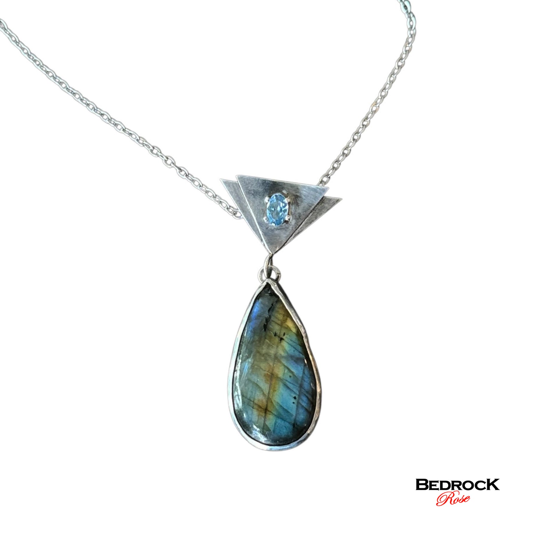 Labradorite Teardrop Pendant set in sterling silver with aquamarine gemstone prong set on double triangle, trendy gemstone necklace, flashy labradorite, intuition enhancing stone, gift for rock lover, handmade birthday present